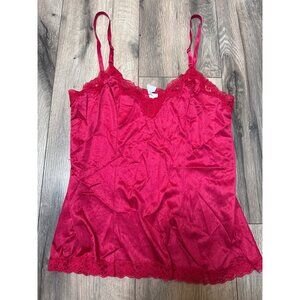 Vintage Mel-Lin Raspberry Pink Red Lace Trim Nylon Camisole Croquette Romance